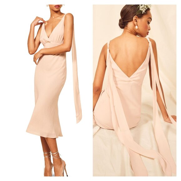 Reformation NWT Sz 2 S‎ / XS Venezia Midi Dress Bridesmaid Champagne Neutral - Picture 1 of 14